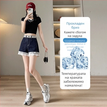 Дамски дънкови къси панталони с дантела, висок талия, свободна кройка, A-образна линия, син деним, летен модел 2025
