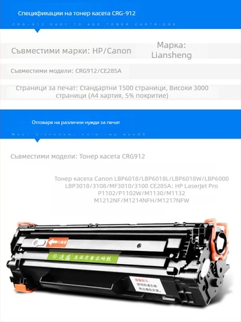 Canon CRG912 тонер касета, съвместима с CRG-912, CRG-925, CB435A, CE285A; MF3010, LBP3018, LBP6018L/W; 1500 страници