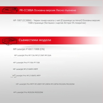 Съвместима тонер касета HP за M1136 и 388A/388X, подходяща за принтери M126A, P1106, P1108 и CC388A