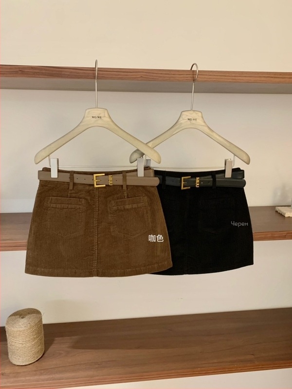 WGWE8699 Пролетно-лятна ретро дамска пола corduroy с висока талия, А-линия, къса, с колан