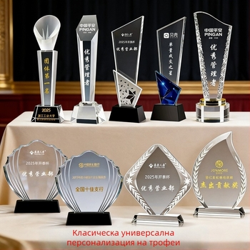 Кристално-метален трофей за корпоративни годишни срещи и конкурси, персонализирана гравировка и печат на лого