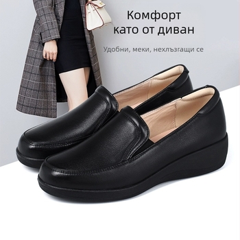 Дамски черни PU кожени обувки, противохлъзгаща гумена подметка, кръгъл нос, нисък връх, клиновиден ток 3–5 см, удобни ежедневни обувки за работа