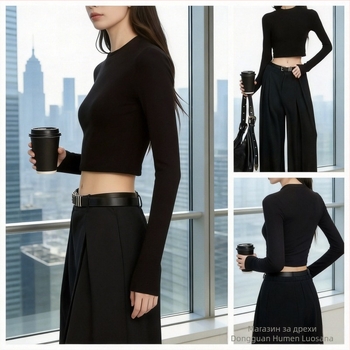 Черна тениска с дълги ръкави и кръгло деколте, тясно прилепнал Slim-fit базов топ за ежедневието