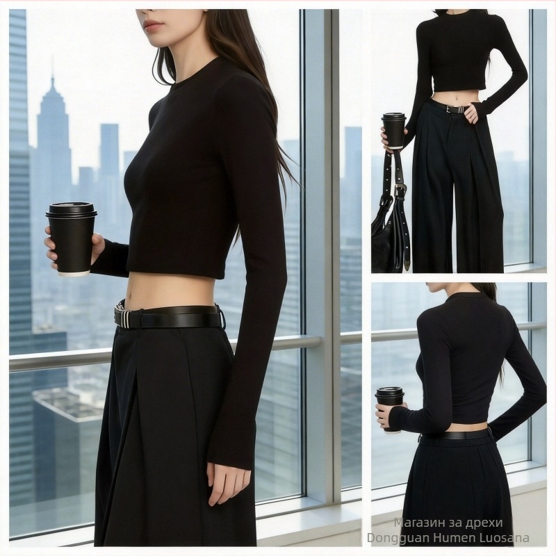 Черна тениска с дълги ръкави и кръгло деколте, тясно прилепнал Slim-fit базов топ за ежедневието