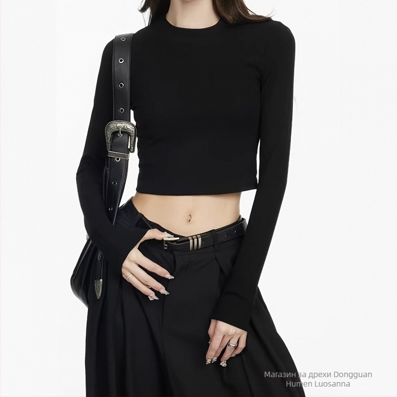 Черна тениска с дълги ръкави и кръгло деколте, тясно прилепнал Slim-fit базов топ за ежедневието