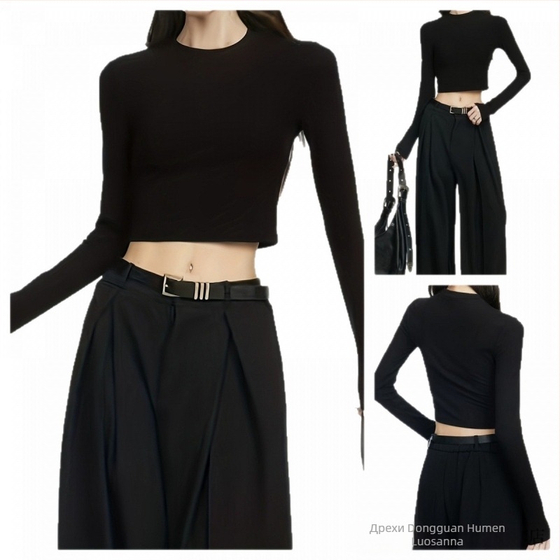 Черна тениска с дълги ръкави и кръгло деколте, тясно прилепнал Slim-fit базов топ за ежедневието