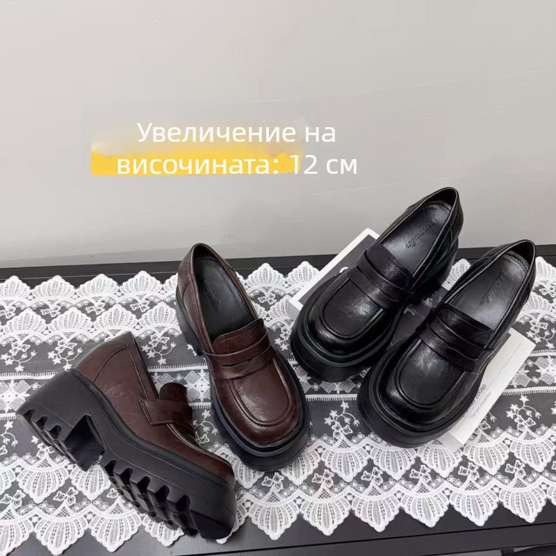 Лофери за дребнички жени с 12 см повишение на височината, черни кожени обувки за ежедневието с дебел ток