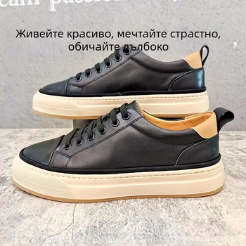 Мъжки кожени обувки без връзки, слип-он, естествена кожа, гумена подметка, закръглен нос, нисък ток, кожена подплата
