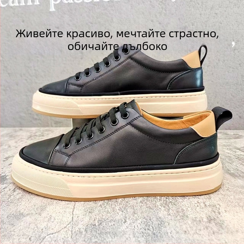 Мъжки кожени обувки без връзки, слип-он, естествена кожа, гумена подметка, закръглен нос, нисък ток, кожена подплата