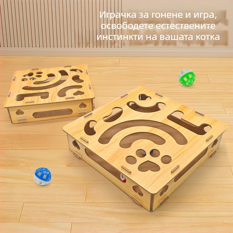 Котешка играчка с въртящ се лабиринт, топка за дозиране на лакомство, камбанкова топка и дразнеща пръчка – за домашна употреба