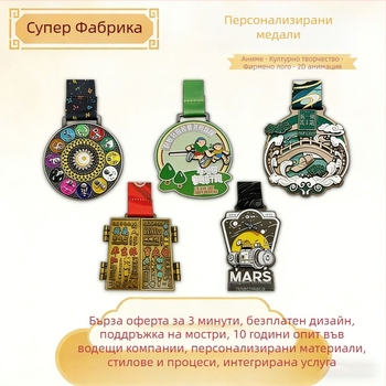 Персонализирани метални емалени медали за маратон и детски/ученически състезания; паметни плочи и медали за туристически забележителности.