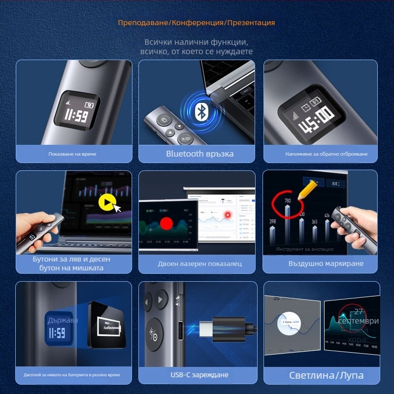 Nove Bluetooth лазерен указател за PPT – писалка за превъртане на страници, двойен лазер, LED LCD дисплей, пластмасово тяло