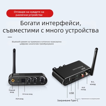 Bluetooth 5.1 RCA приемник, цифров към аналогов аудио конвертор с оптичен и коаксиален изход, USB флаш памет поддръжка, дистанционно управление - T01