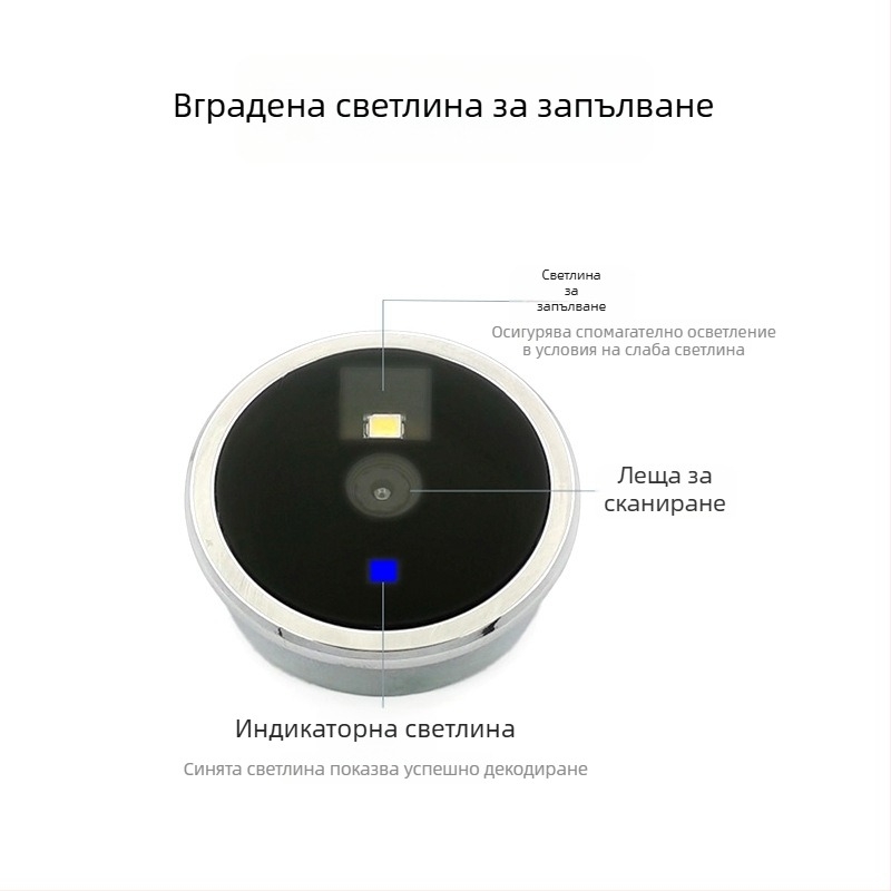 Вграден кръгъл модул за сканиране на баркод и QR код, метален корпус, опционален дълъг/къс обектив