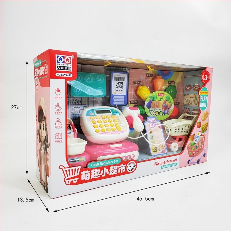 Детска симулирана количка за пазаруване и касов апарат с калкулатор, сканиране и плащане с карта