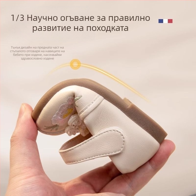 Бебешки обувки с мека подметка за момичета, кожени обувки с бродиран китайски вдъхновен принцески дизайн, дишащи, противохлъзгащи, затваряне с велкро
