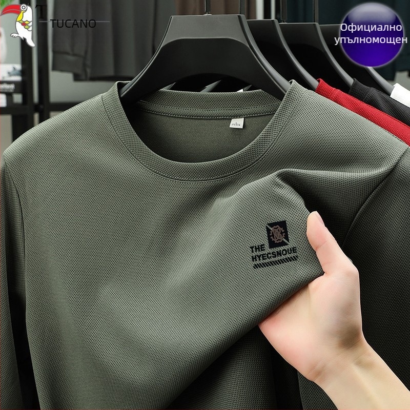Woodpecker Ice Silk мъжки дълъг ръкав T-shirt за пролет-лято 2025, тънък, кръгла яка, базово облекло