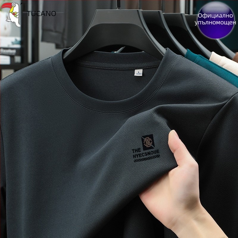 Woodpecker Ice Silk мъжки дълъг ръкав T-shirt за пролет-лято 2025, тънък, кръгла яка, базово облекло