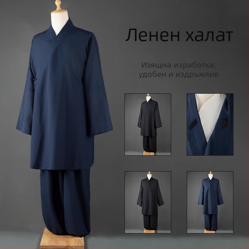 Лятно ленено облекло за Тай Чи и даоистки костюм за мъже – комплект със скосена яка и три чисти яки