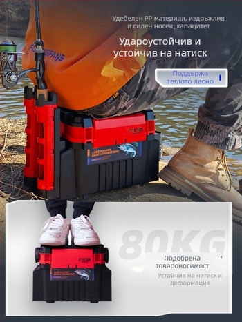 Luya риболовна кутия – голям капацитет, седалка и държач за пръчки, здрава PP конструкция