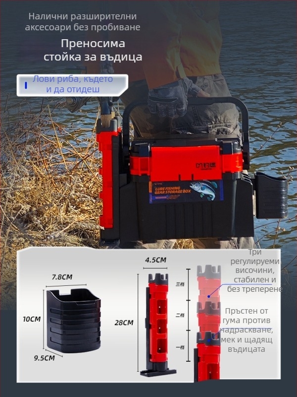 Luya риболовна кутия – голям капацитет, седалка и държач за пръчки, здрава PP конструкция