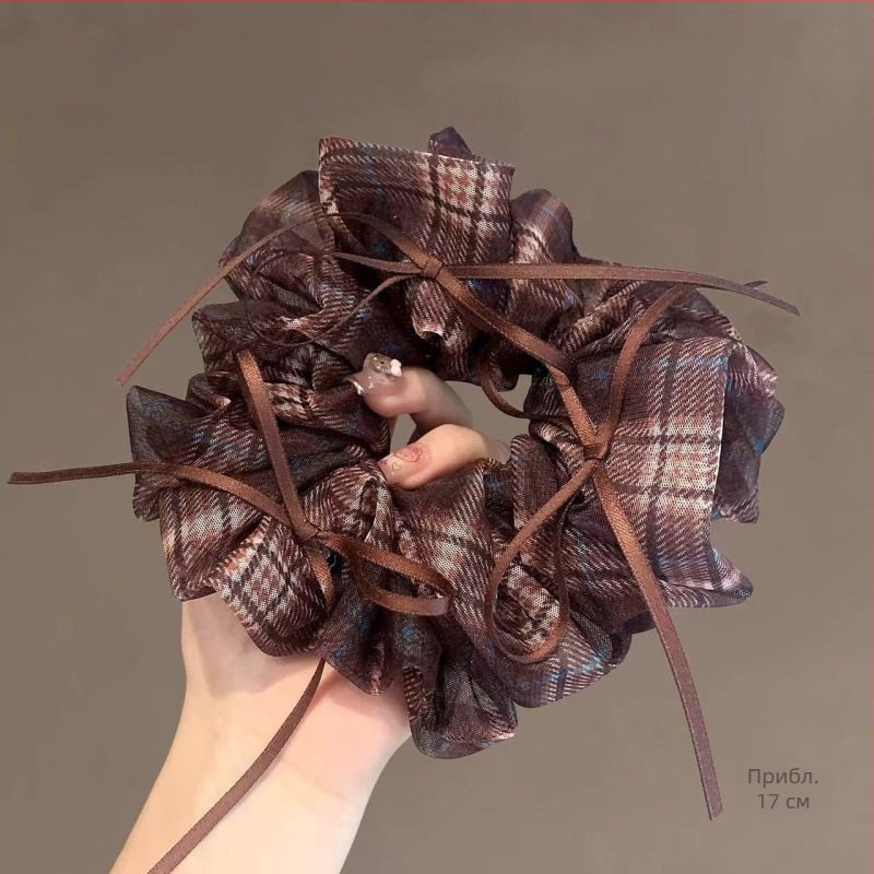 Scrunchie за коса с панделка и мрежеста шарка, луксозен аксесоар за конска опашка, есен-зима
