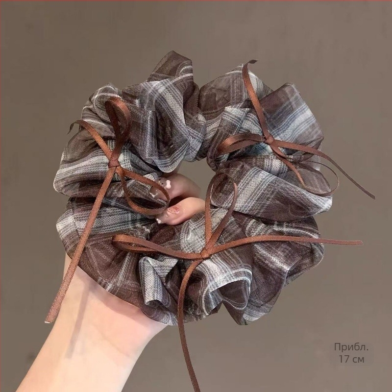 Scrunchie за коса с панделка и мрежеста шарка, луксозен аксесоар за конска опашка, есен-зима