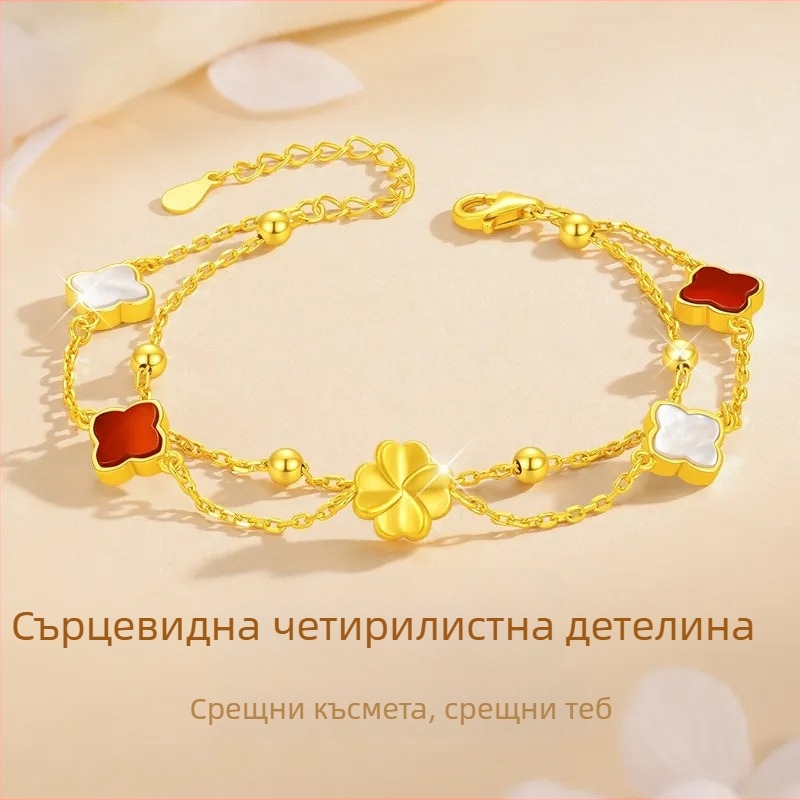 Сребърна гривна S925 със сърцевидна четирилистна детелина, двойно-слойна, ахат и бяло цвете от черупка, елегантен лукс, подходящ подарък за празник