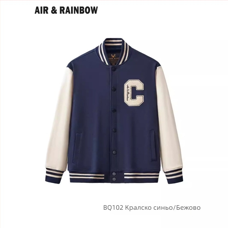 Air & Rainbow бейзболно яке в корейски стил, буквена бродерия, памучен терри плат, слим фит, скрити копчета, есен 2024