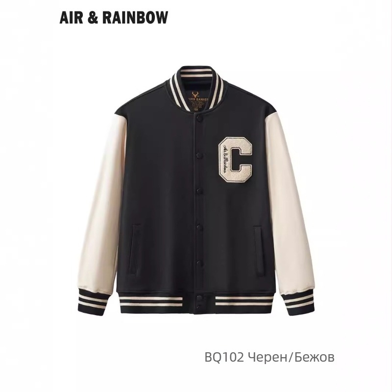 Air & Rainbow бейзболно яке в корейски стил, буквена бродерия, памучен терри плат, слим фит, скрити копчета, есен 2024