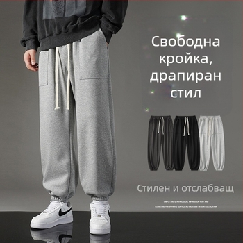 Мъжки пролетни спортни панталони jogger с свободна кройка и маншет, едноцветни дълги панталони