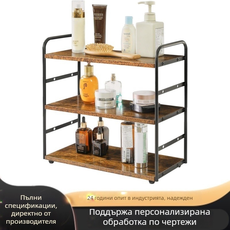 Дървен трислоен ъглов рафт за кухненския плот за подправки, фен-образен дизайн и настолно съхранение в банята