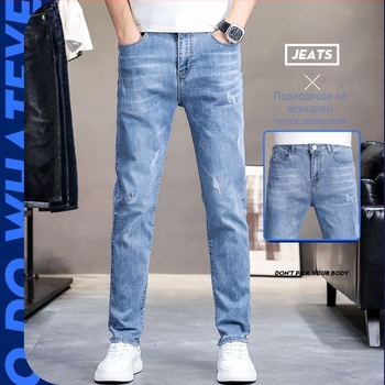 Мъжки дънки Slim-Fit Straight, корейски стил, висококачествен еластичен деним, светло пране, ежедневни панталони с пет джоба, средна талия, цип.