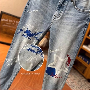 Мъжки дънки със уникален дизайн и висококачествен принт, Slim-Fit, измит ефект, стил американски хай стрийт