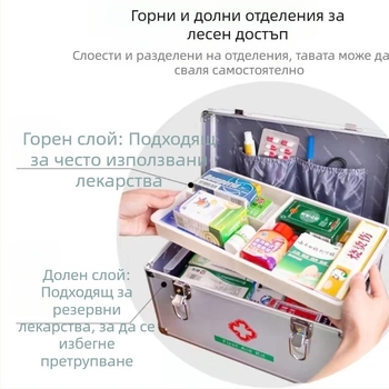 Лекарска кутия от алуминиев сплав за дома, мултисекционална, преносима първа помощ