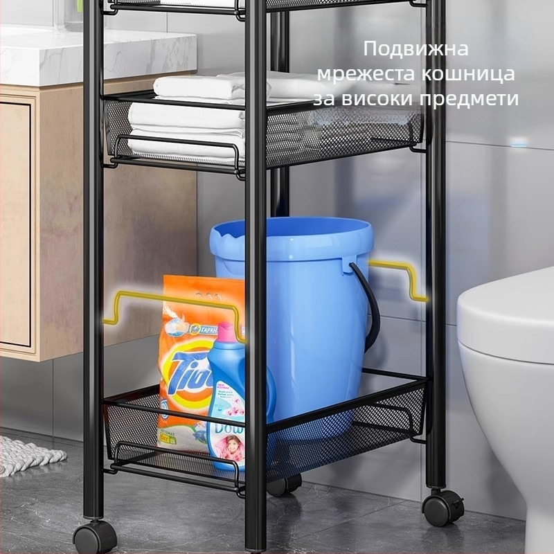 Кухненски рафт за съхранение от въглеродна стомана, многоетажна въртяща се мобилна количка за зеленчуци с дренаж