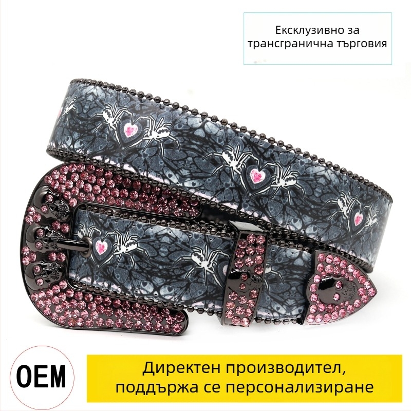 Колан с кристали и закопчалка с череп от сплав, панк уличен стил, ширина 2–4 см, размери 105/115/125