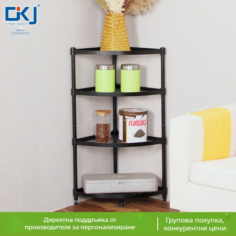 Четириетажен ъглов подов стелаж от въглеродна стомана, 90×35×150 см; мултифункционален, свалящ се, без пробиване; подходящ за баня, спалня, кухня и хол