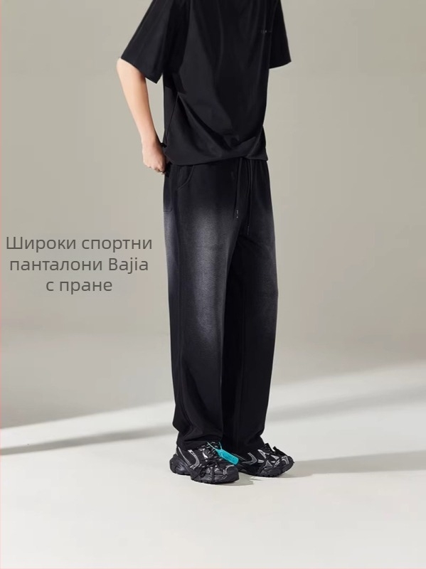Iba марка памучни мъжки широки спортно-ежедневни панталони, прани за пролет-лято, черно и сиво