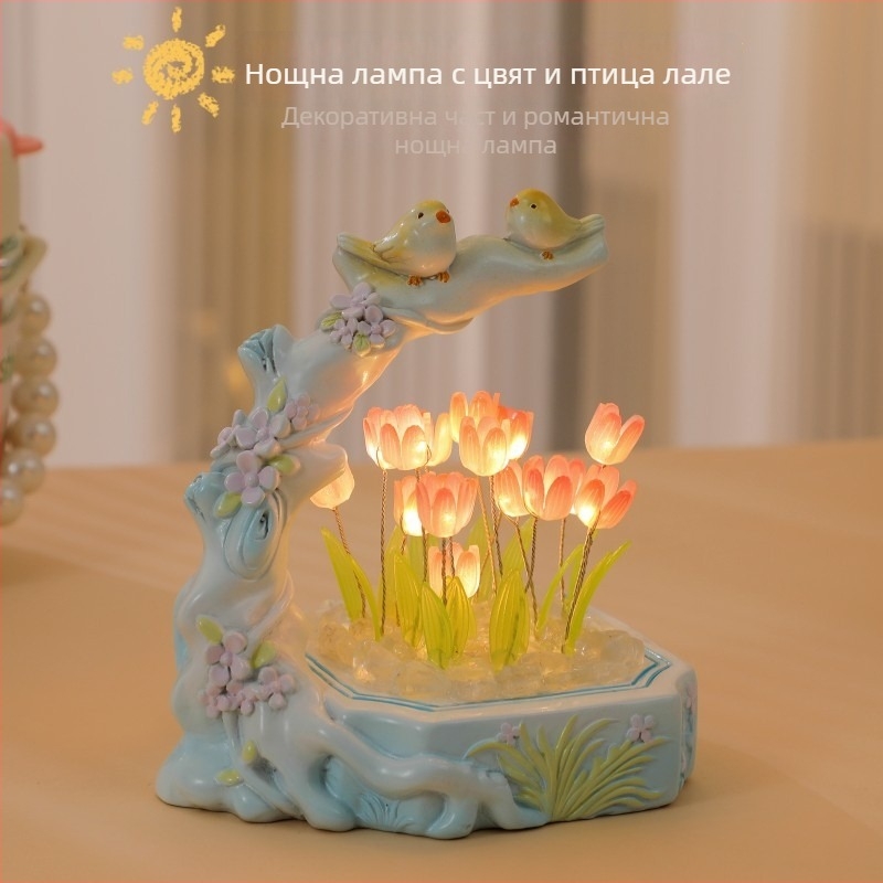 DIY нощна лампа с лале и птици – декоративен настолен аксесоар, сувенир за празник