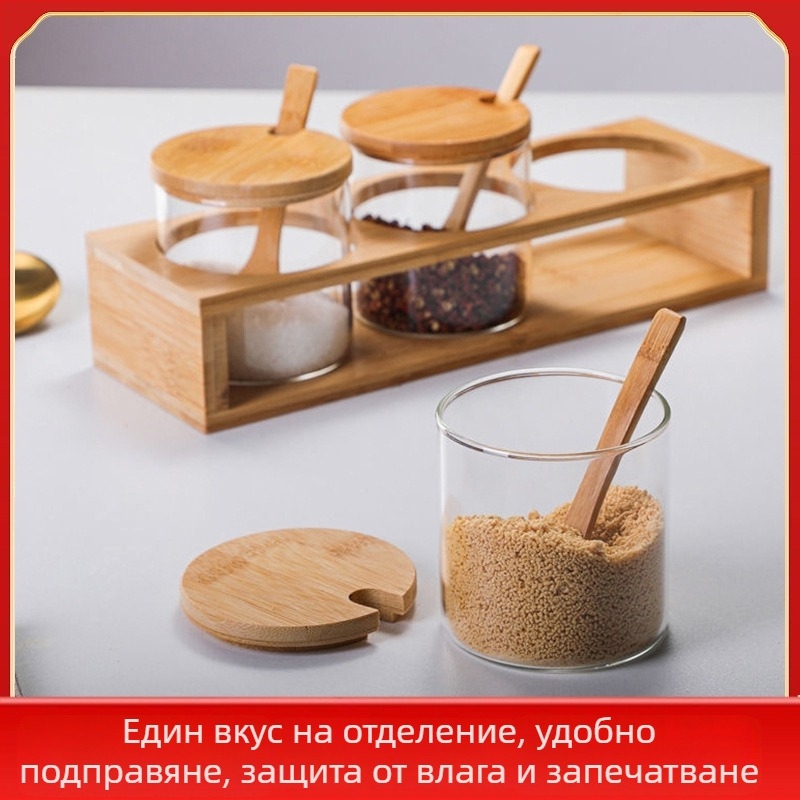 Стъклен комплект съдове за подправки – прозрачен буркан за сол, захар и MSG, за кухнята