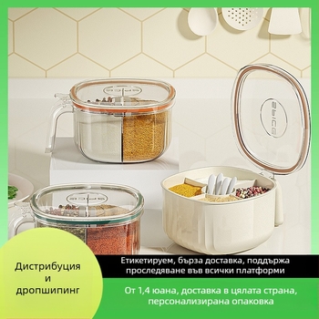 Петсекционна удебелена пластмасова запечатана кутия за подправки с капак, квадратна форма, голям капацитет за кухненско съхранение