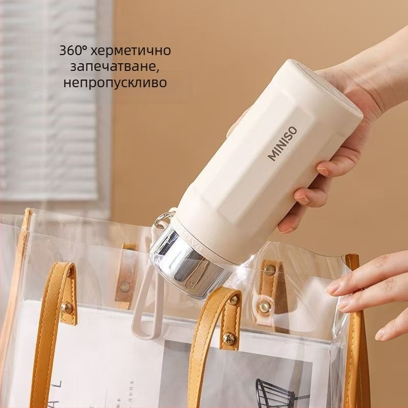 Портативна термо-чаша от неръждаема стомана с каишка за носене, хранителен клас, голям капацитет, осмоъгълна форма, за жени, 304 неръждаема стомана