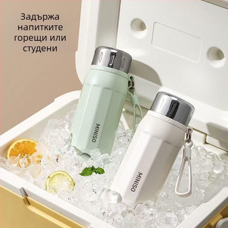 Портативна термо-чаша от неръждаема стомана с каишка за носене, хранителен клас, голям капацитет, осмоъгълна форма, за жени, 304 неръждаема стомана