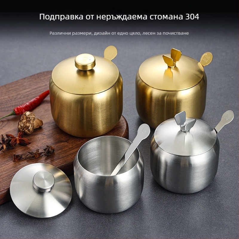 Корейски стил набор от бурканчета за подправки от 304 неръждаема стомана със лъжичка, сол, соев сос и чили сос, златна кутия за подправки