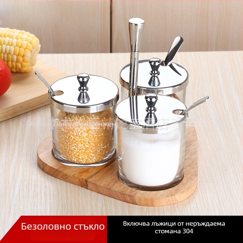 Kaspo Стъклена кутия за подправки с дървена основа, солник и сахарница