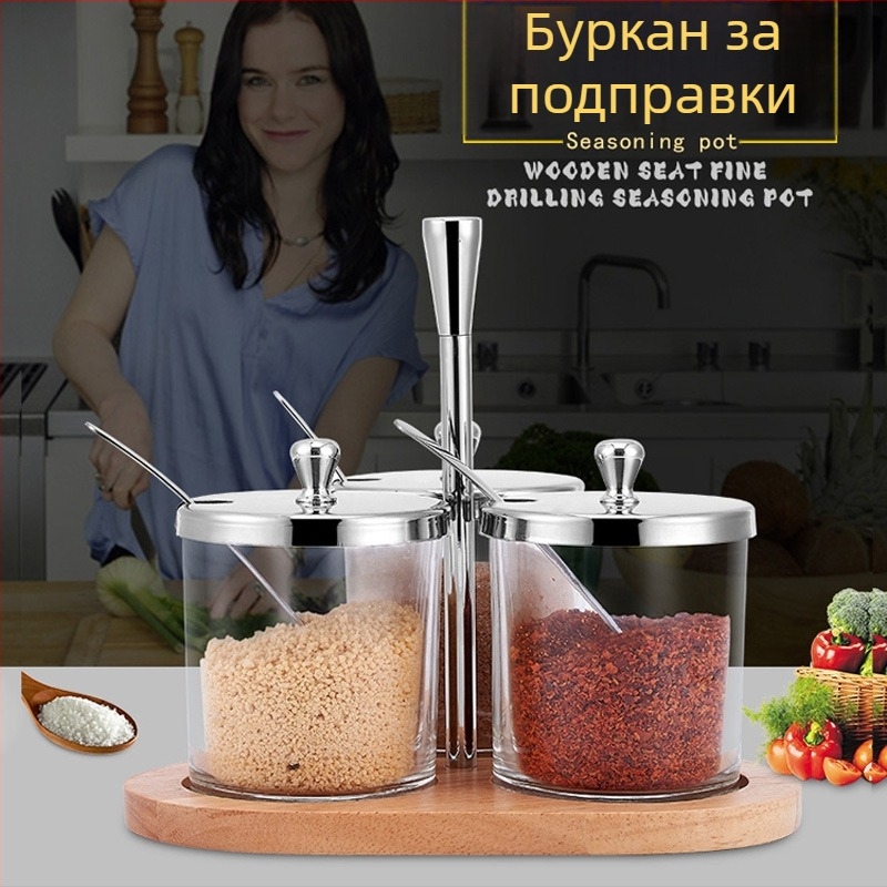 Kaspo Стъклена кутия за подправки с дървена основа, солник и сахарница