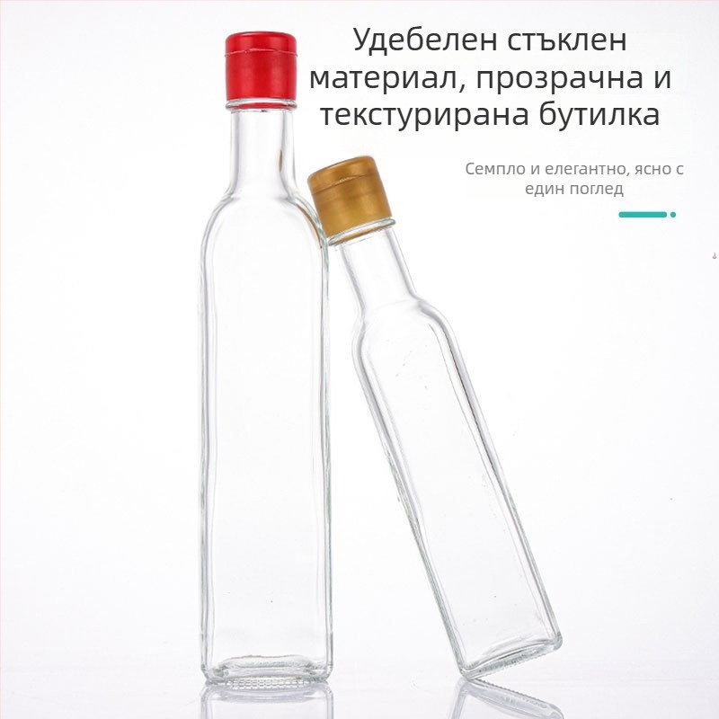 Персонализирана прозрачна стъклена бутилка за зехтин, квадратна кухненска бутилка за подправки за зехтин, сусамово и орехово масло