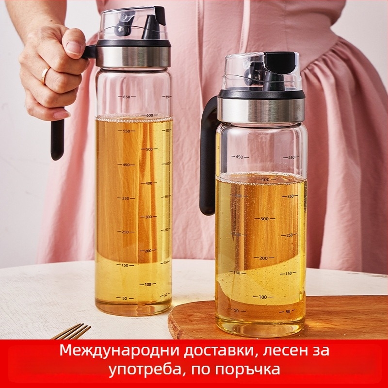 Бутилка за масло от боросиликатно стъкло с автоматично отваряне и затваряне, непропускаща масло и термоустойчива за кухнята