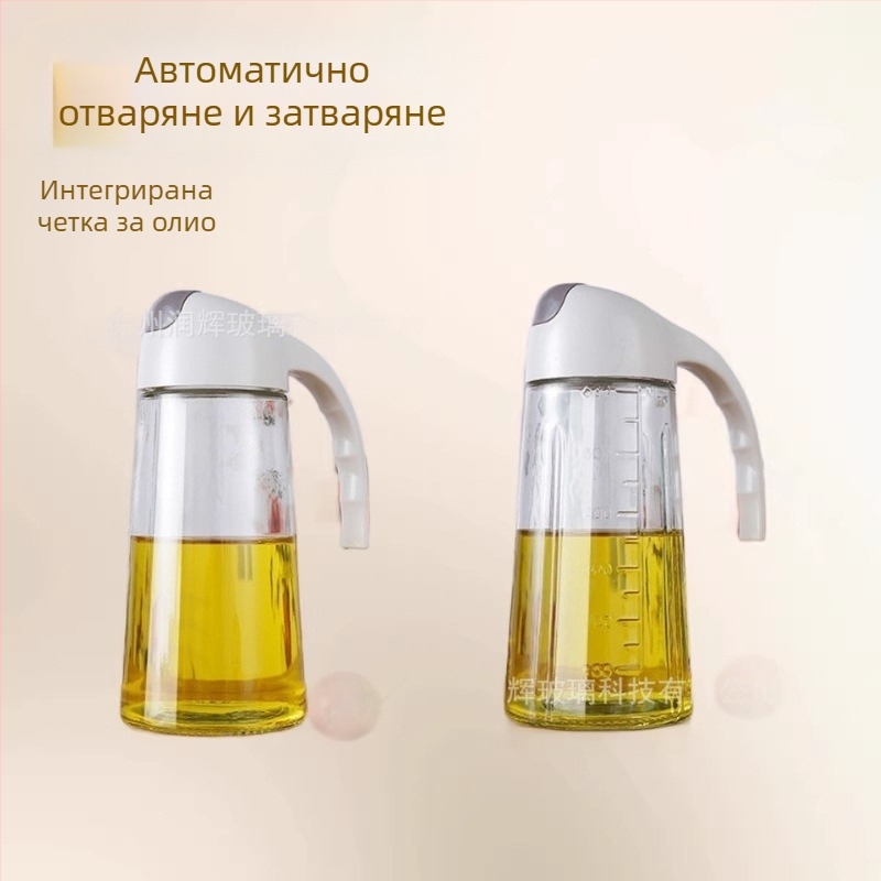 Стъклена бутилка за олио с автоматично отваряне и затваряне, без протичане, с измервателна скала, за домашна кухня (соев сос, оцет и подправки).